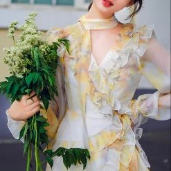 Juwas French Yellow Lotus Ruffle Mini Dress CLOTHING