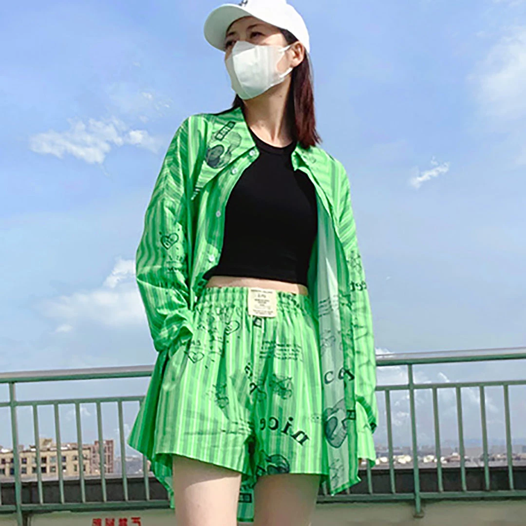 Juwas NEW ARRIVAL Stripe Graffiti-art Green Shirt Short Streetwear 3 Juwas NEW ARRIVAL Stripe Graffiti-art Green Shirt Short Streetwear