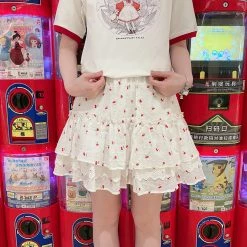 Juwas Kawaii Cherry Print Ruffles Hight Waist Skirt NEW ARRIVAL