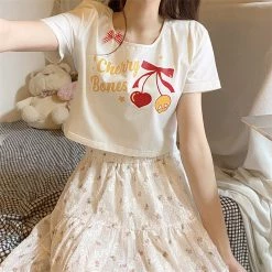 Juwas NEW ARRIVAL Sweet Cherry Print Cotton Short T-shirt