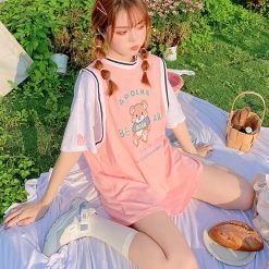 Juwas Bear Print Oversize Pink Jersey Shirt NEW ARRIVAL