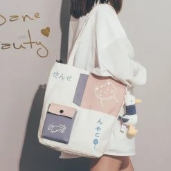 Juwas Trendy Japanese Cat Draw Tote Bag