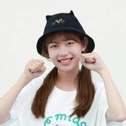 Juwas NEW ARRIVAL Cute Cat Embroidery Bucket Hat