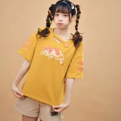 Juwas Cute Orange Cat Graphic Tees