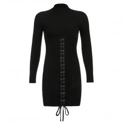 Juwas Gothic Black Lace Up Bodycon Dress