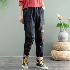 Juwas Pants Retro Fishes Embroidery Elastic Waist Jeans