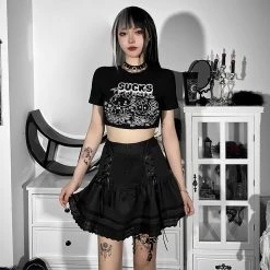 Juwas NEW ARRIVAL Black Cartoon Doodle Printed Crop Top