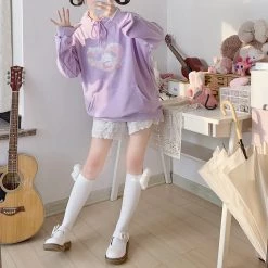 Juwas Fluffy Puppy Print Soft Pastel Hoodie