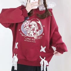 Juwas NEW ARRIVAL Little Red Girl Lace Oversized Hoodie