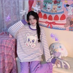 Juwas NEW ARRIVAL Sparkly Eyes Bear Striped Sweatshirt