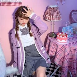 Juwas Pastel Small Bow Front Pocket Loose Cardigan