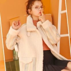 Juwas NEW ARRIVAL Kawaii Rainbow Sleeve Stripes Winter Fuzzy Coat