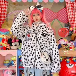 Juwas Cute Puppy Print Loose Fuzzy Warm Coat Jacket CLOTHING