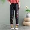 Juwas Pants Retro Fishes Embroidery Elastic Waist Jeans