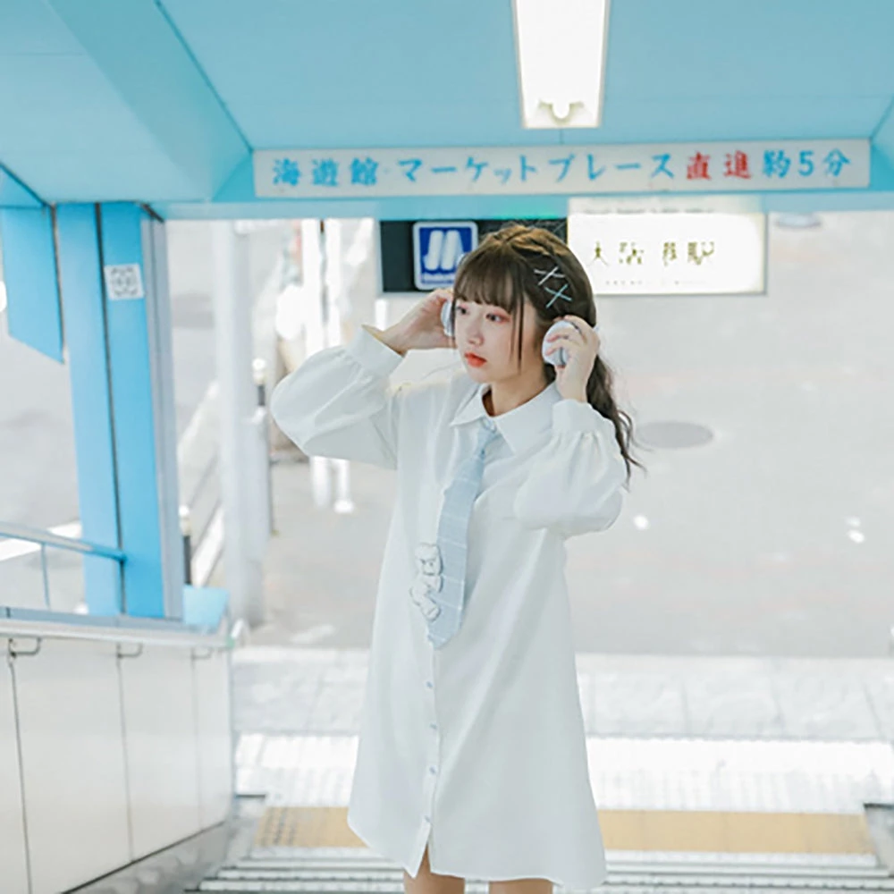 Juwas Kawaii Bear White Long Sleeve Polo Shirt Dress 4 Juwas Kawaii Bear White Long Sleeve Polo Shirt Dress