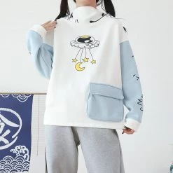 Juwas Cartoon UFO Pocket Plush Hoodie