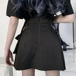 Juwas NEW ARRIVAL Gothic Grommet Strap Patchwork Pocket Mini Skirt