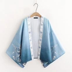 Juwas Japanese Ocean Blue Print Kimono And Pleated Skirt Set