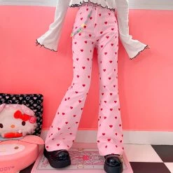 Juwas Pink Love Hearts Print Flared Pants NEW ARRIVAL