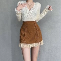 Juwas Cowgirl Lace End Corduroy Mini Skirt NEW ARRIVAL