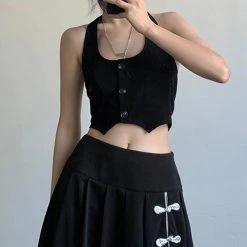 Juwas Retro Black Button Up Halter Crop Top NEW ARRIVAL