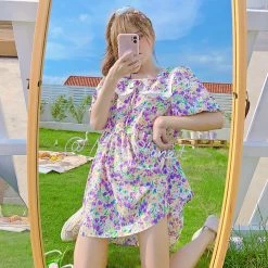 Juwas NEW ARRIVAL Lavender Print Lace Collar Short Baby Doll Dress