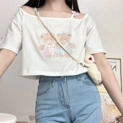 Juwas Cartoon Bear Print Off The Shoulder Short T-shirt
