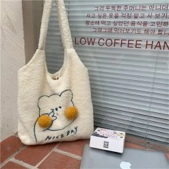 Juwas Cute Bunny Blush Pom Pom Plush Tote Bag