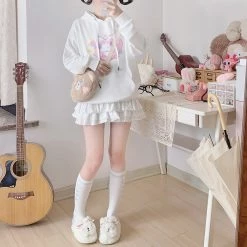 Juwas Fluffy Puppy Print Soft Pastel Hoodie