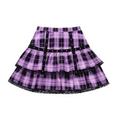 Juwas Purple Goth Moon Lace Ruffle Plaid Mini High Waist Skirt
