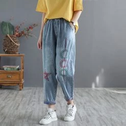 Juwas Retro Embroidery Elastic Waist Cropped Jeans NEW ARRIVAL