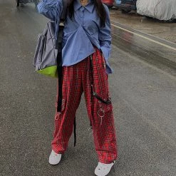 Juwas Gothic Chain Pocket Plaid Loose Cargo Pants NEW ARRIVAL