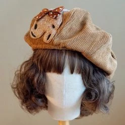 Juwas Bear Embroidery Corduroy Beret