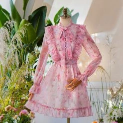 Juwas CLOTHING Vintage Floral Ruffle Chiffon Dress