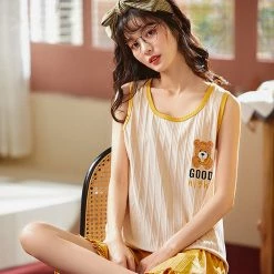Juwas Cartoon Bear Embroidery Summer Pajamas