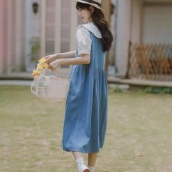 Juwas NEW ARRIVAL Japanese Doll Collar Floral Embroidery Loose Denim Dress