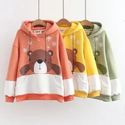 Juwas Cute Bear Snowflake Print Pocket Hoodie CLOTHING