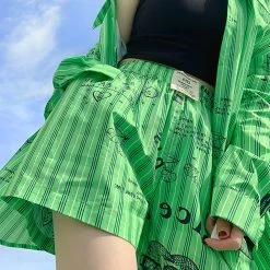 Juwas NEW ARRIVAL Stripe Graffiti-art Green Shirt Short Streetwear 14 Juwas NEW ARRIVAL Stripe Graffiti-art Green Shirt Short Streetwear