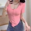 Juwas Basic Pastel Square Neck Irregular T-Shirt