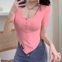 Juwas Basic Pastel Square Neck Irregular T-Shirt