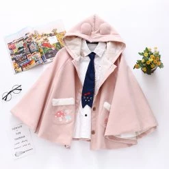 Juwas Hoodie Cat Ears Mushroom Print Pocket Cap Coat