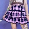 Juwas Purple Goth Moon Lace Ruffle Plaid Mini High Waist Skirt