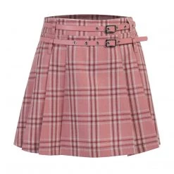 Juwas Pink School Girl Double Belt Plaid Skirt NEW ARRIVAL