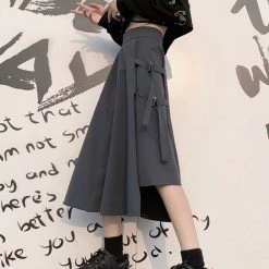 Juwas Gothic Chic Irregular Cargo Midi Skirt
