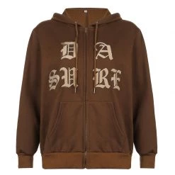 Juwas Brown Letters Embroidery Zip Up Hoodie NEW ARRIVAL
