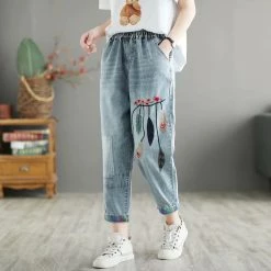 Juwas Leaf Embroidery Elastic Waist Vintage Jeans CLOTHING