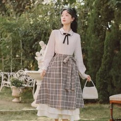 Juwas CLOTHING Vintage Plaid Tie-Up Belt Midi Long Skirt