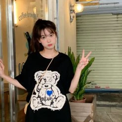 Juwas Vintage Bear Embroidery Loose Cotton T-shirt