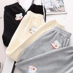 Juwas Cartoon Bear Print Elastic Waist Pants