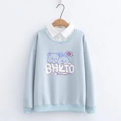 Juwas Bear Letters Print Fake Two Piece Sweatshirt CLOTHING